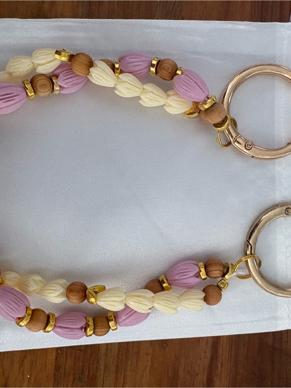Handmade Pink and Cream Beaded Keychain Wristlet